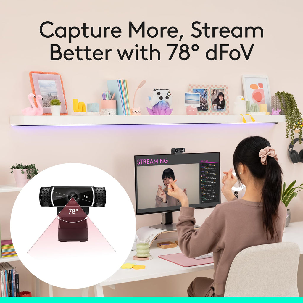 Logitech C922x HD Pro PC Webcam, Full HD 1080p/30fps or 720p/60fps Video, HD Light Correction, Works with Microsoft Teams, Google Meet, Zoom, Nintendo Switch 2âs new GameChat mode, Mac/Tablet- Black
