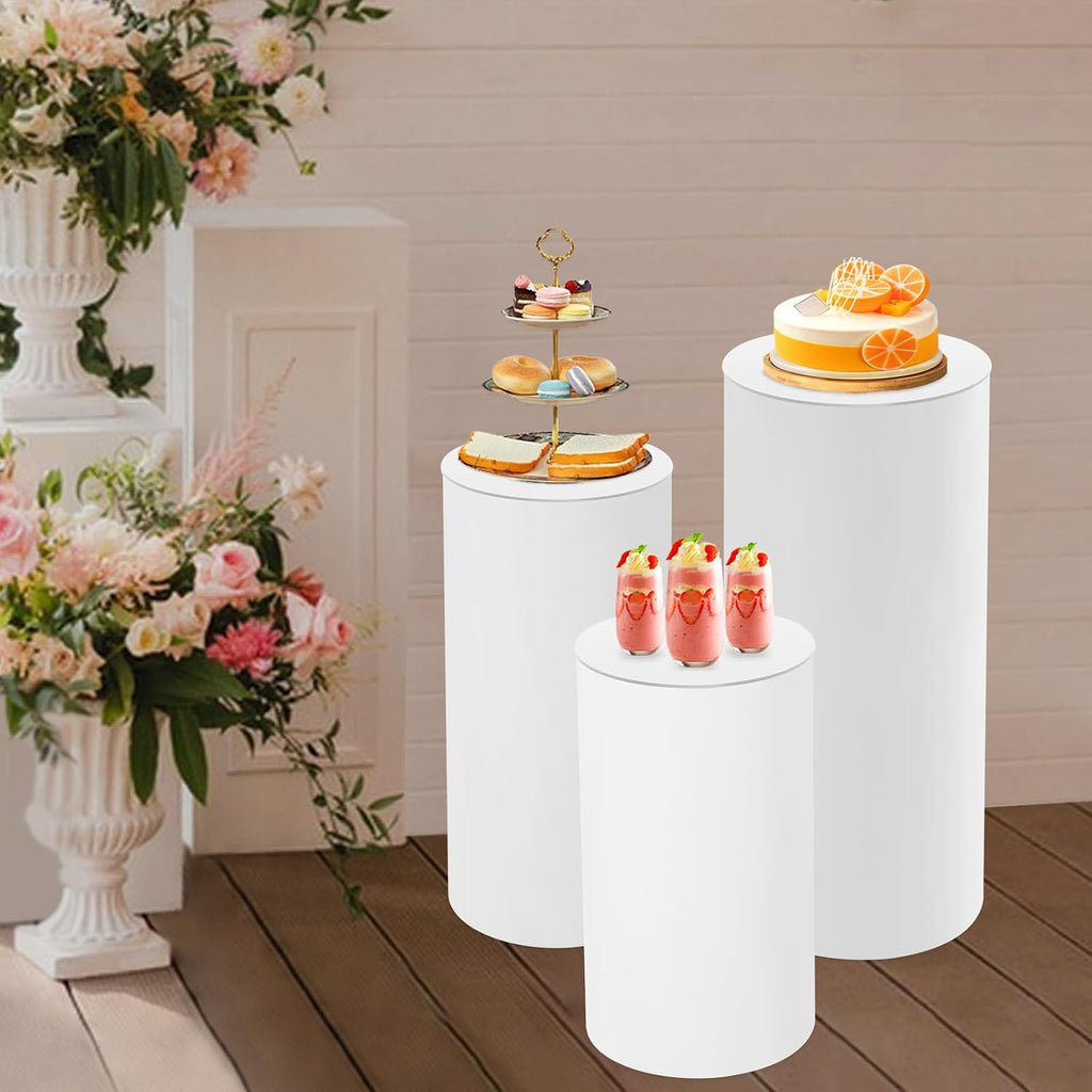 3Pcs Cylinder Pedestal Stand, PVC Acrylic Round Cylinder Stands for Party Decor 23.6 + 29.5 + 35.4 Inch Tall Cylinder Stand Pedestal Display for Birthday Wedding Party, White