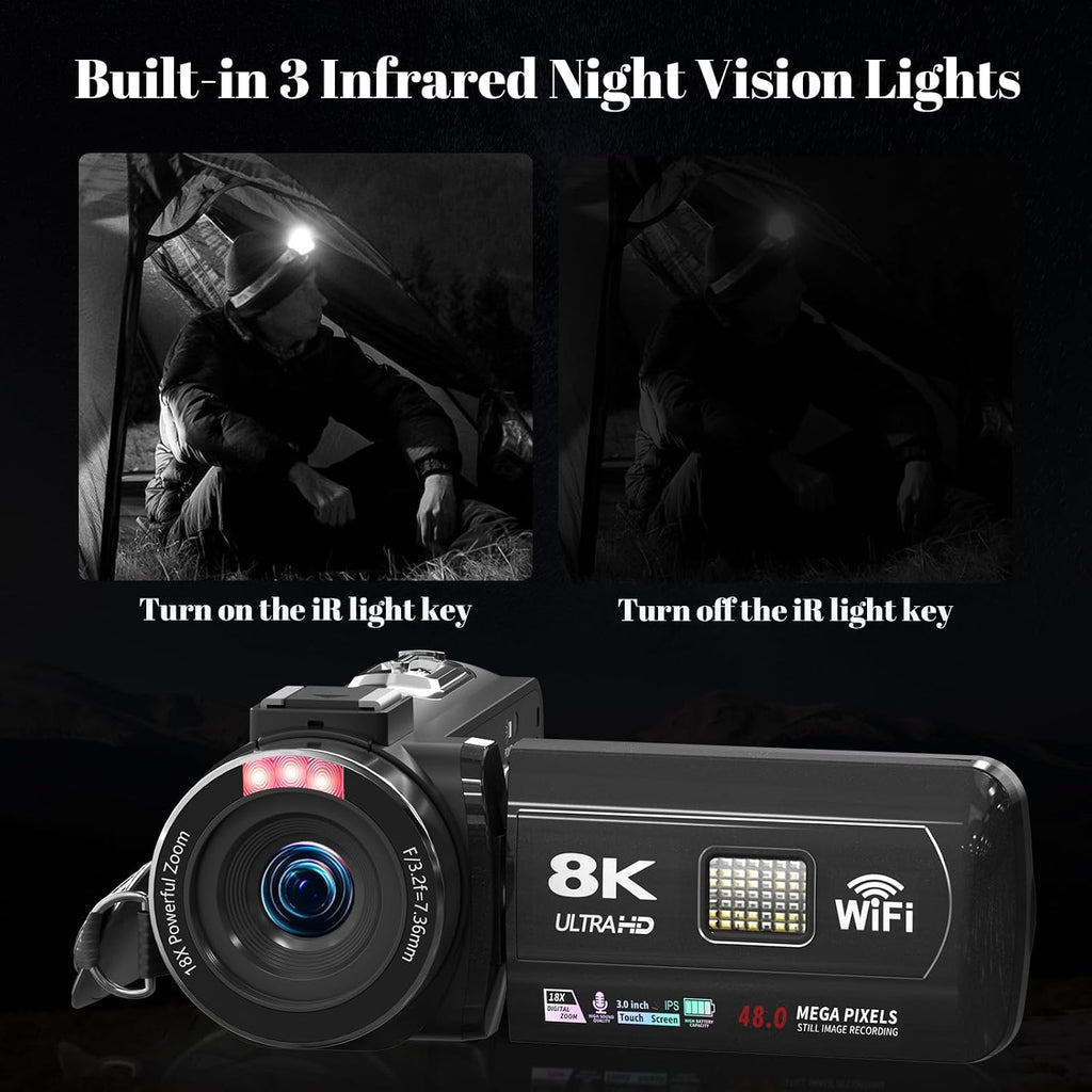8K Video Camera 48MP UHD WiFi Vlogging Cameras for YouTube with 32GB Card