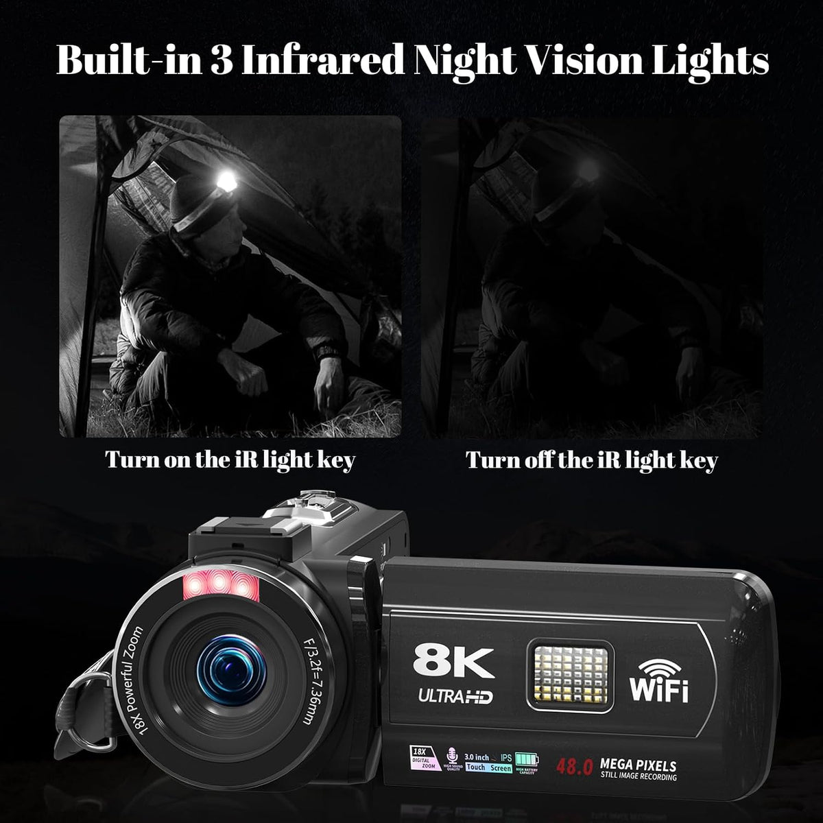 8K Video Camera 48MP UHD WiFi Vlogging Cameras for YouTube with 32GB Card