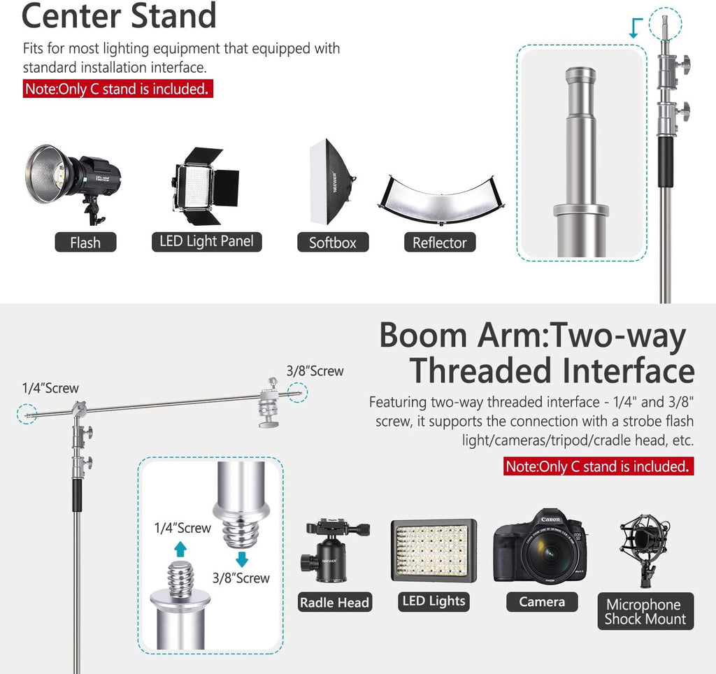 Neewer 10 Feet/3 Meters Adjustable C-Stand Light Stand with 4 Feet/1.2 Meters Extension Boom Arm, 2 Pieces Grip Head and Carry Bag for Photography Studio Video Reflector, Umbrella, Monolight, etc