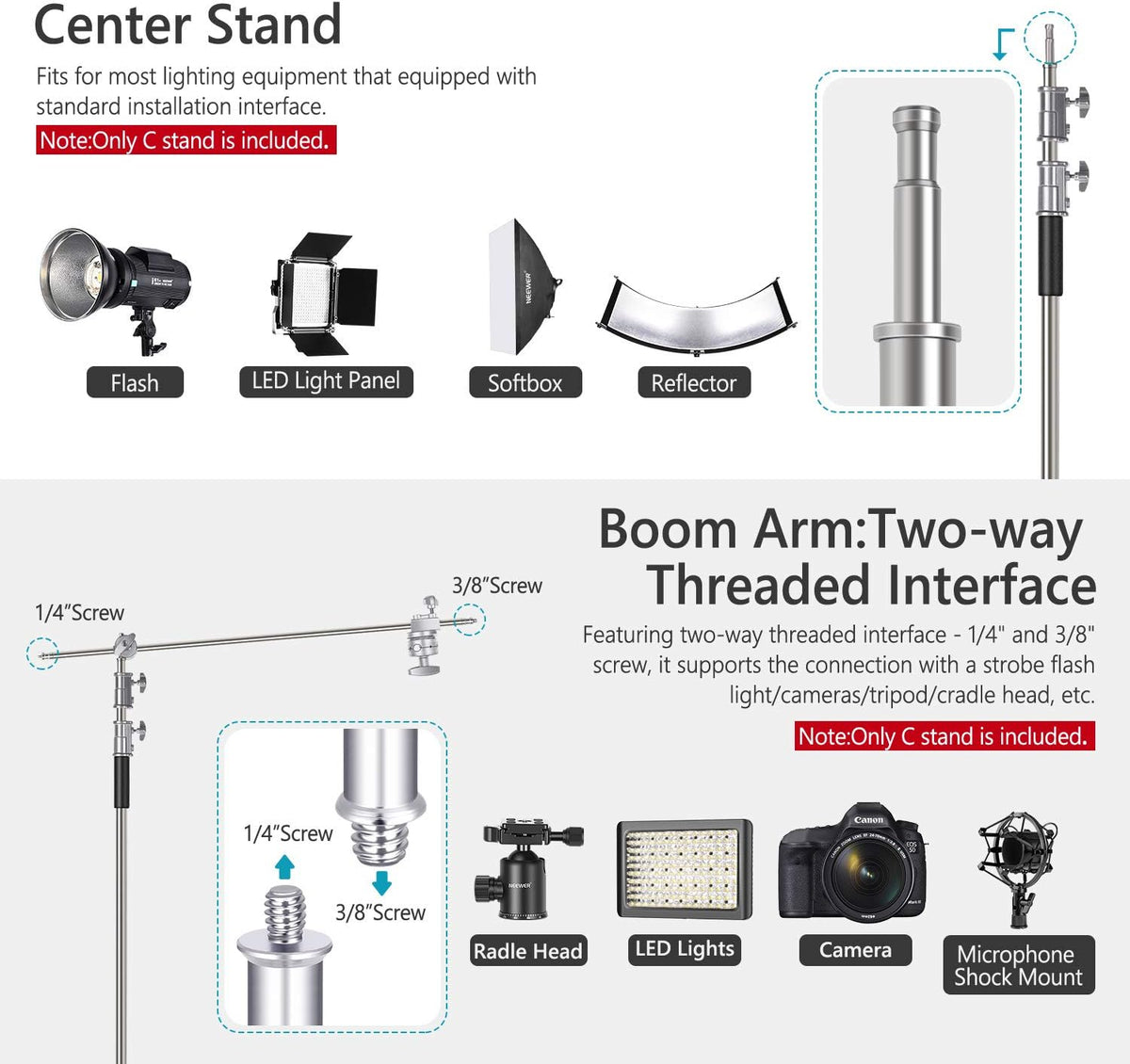 Neewer 10 Feet/3 Meters Adjustable C-Stand Light Stand with 4 Feet/1.2 Meters Extension Boom Arm, 2 Pieces Grip Head and Carry Bag for Photography Studio Video Reflector, Umbrella, Monolight, etc