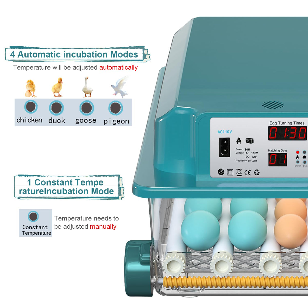 64 Egg Incubators for Hatching Eggs,Incubator with Automatic Egg Turning and Humidity,Chicken Incubator with 5 Automatic Incubate Mode,Poultry Egg Incubator with Incubate Day Counter and Egg Candler