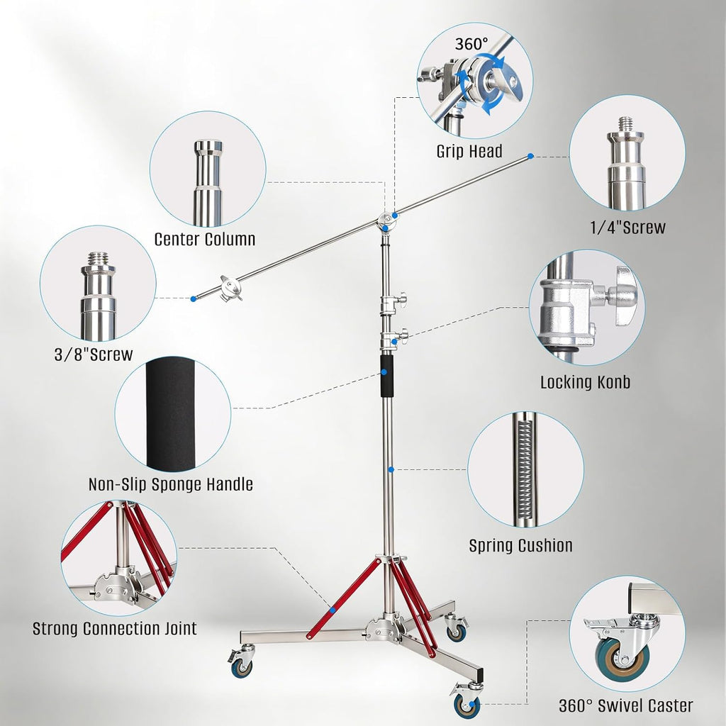 Heavy Duty Stand with Boom Arm & Casters, 10.17ft/310cm Stainless Steel Photography Light Stand Kit with Extension Arm, 2 Grip Heads, Sandbag for Studio Lighting, Monolight, Softbox