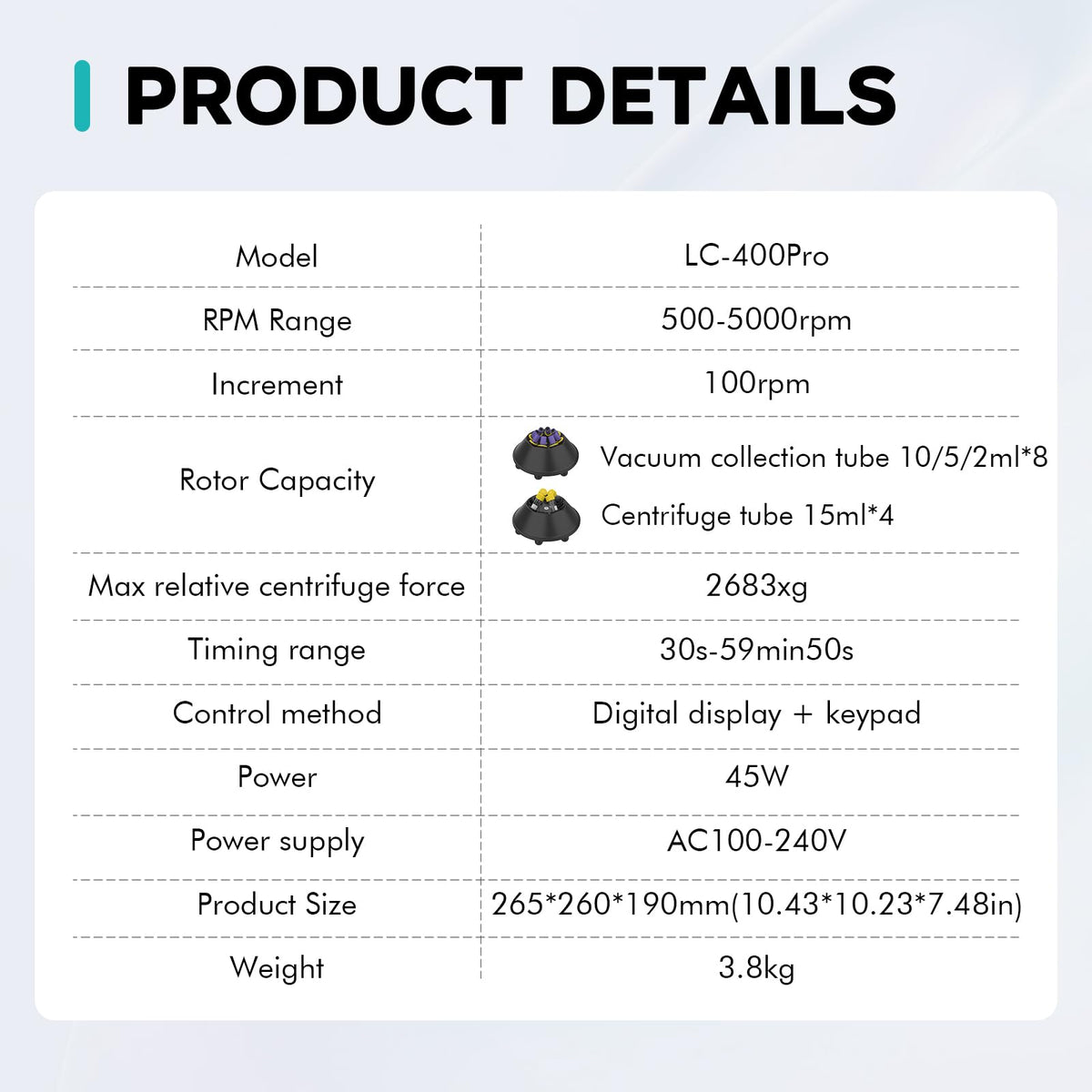 LAB FISH LC-400 PRP Centrifuge, 8x2/5/10ml & 4x15ml Tubes