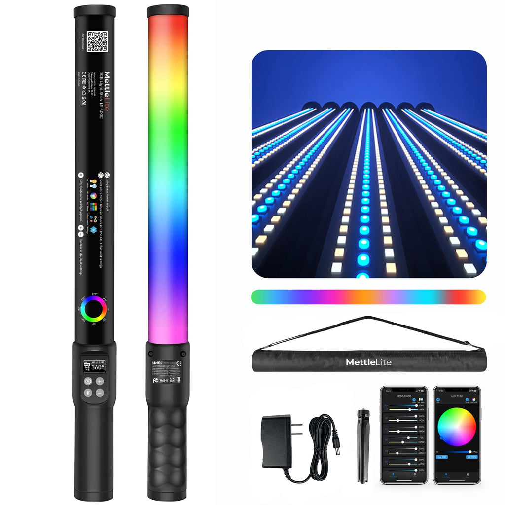 Mettlelite LS800C RGB LED Light Stick Full Color Continuous Output Video Light 3.2 ft with APP Control 2800K-8000K CRI96 TLCI 97 RGB CCT HSI Light Effects Built in Rechargeable Battery