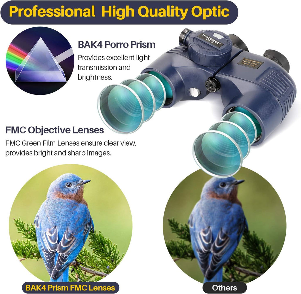 Marine Binoculars 10x50 Waterproof with Compass Rangefinder BAK4 for Adults
