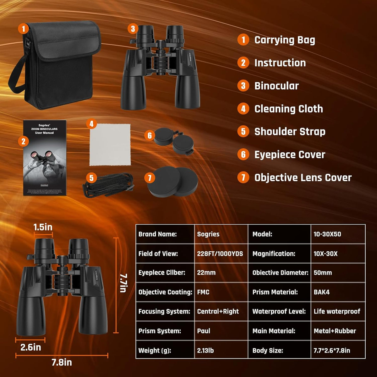10-30x50 Zoom Binoculars for Adults High Powered