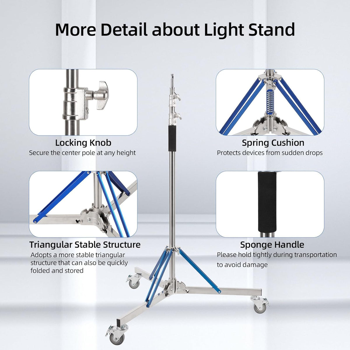 Heavy Duty Light Stand with Caster - 10.5ft/320cm Adjustable Light Stand with Stainless Steel, High Stability and Mobility Light Stand Photography for Strobe Light, Softbox, Reflector