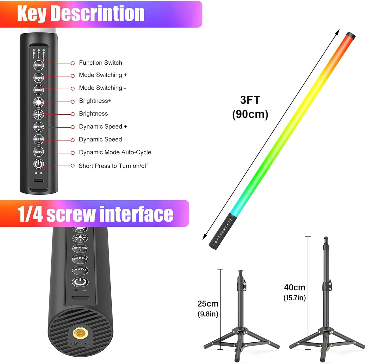 LUXCEO 4Pack RGB Tube Light Bar with Light Stand, Battery Powered LED Video Light Wand Stick with Remote Control for DJ Lighting, Dance Club and Photography Lighting (3Ft)