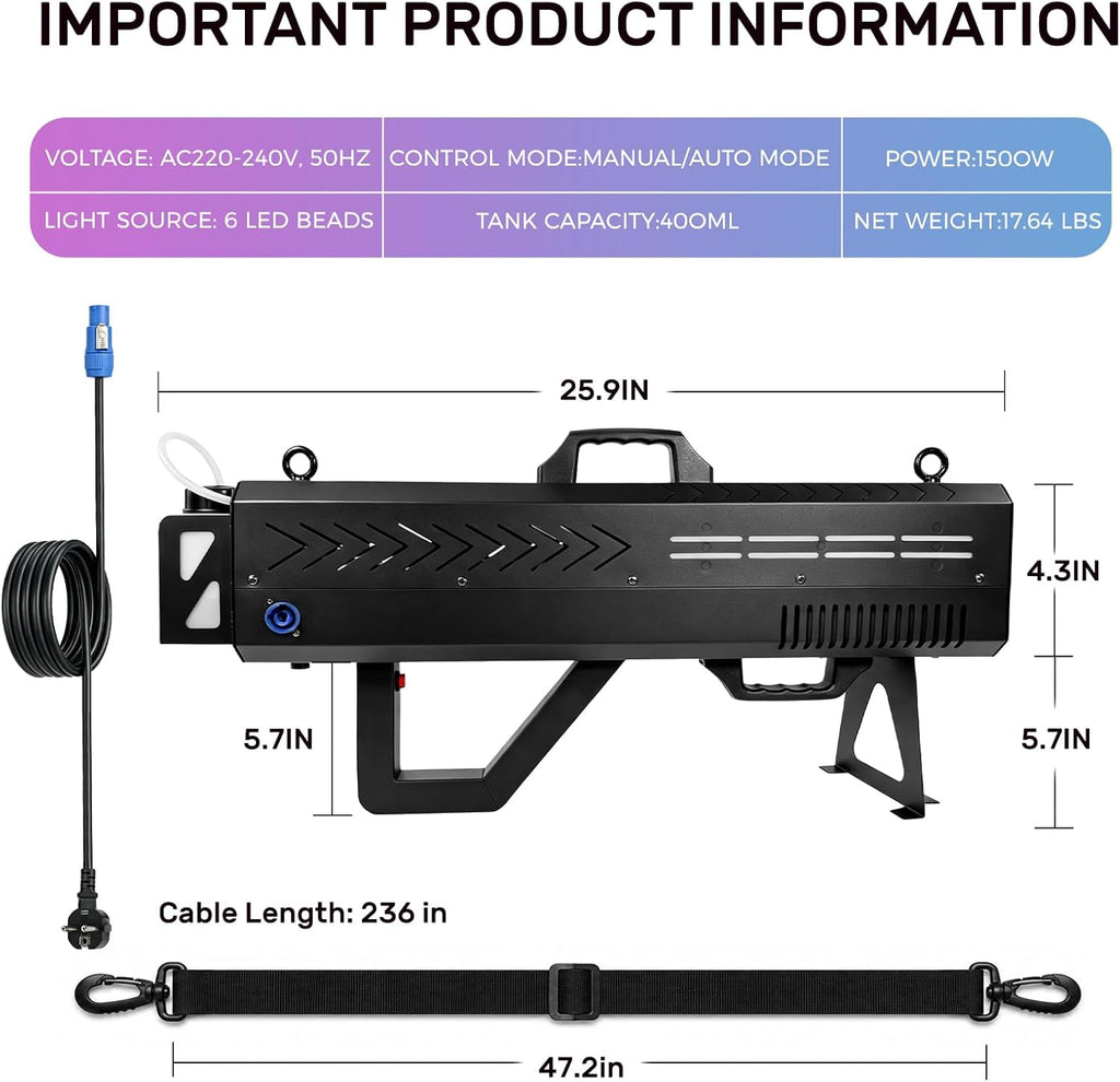 Handheld Fog Machine, Portable Smoke Cannon with LED for Stage