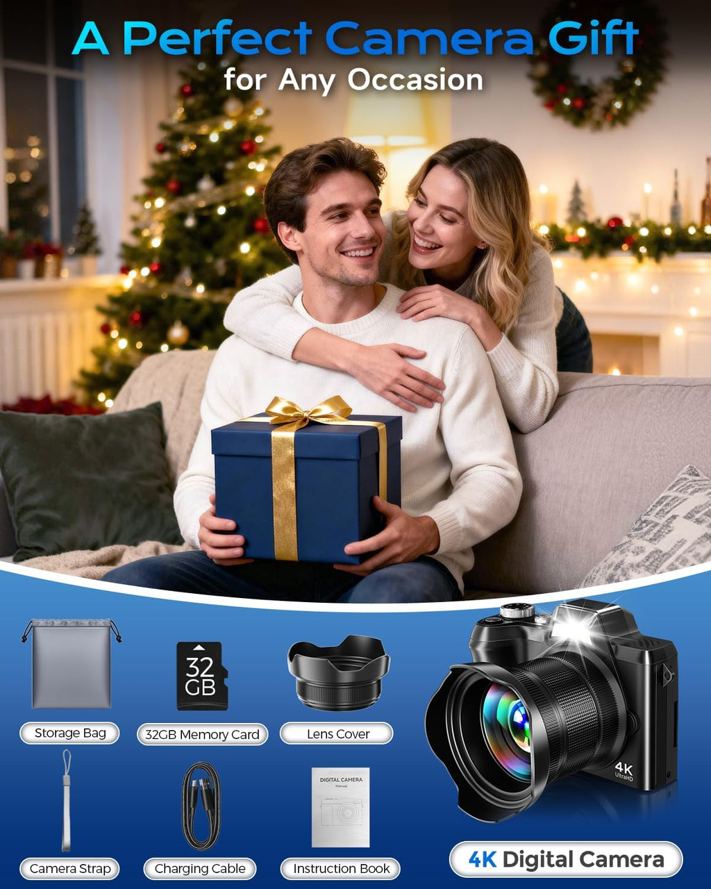 4K Digital Camera for Photography Travel, 56MP Autofocus Vlogging Camera for YouTube, 16X Zoom with 3" 180Â°Flip Screen & Lens Hood, 32GB Card, Gift Ideas for Teens & Beginners