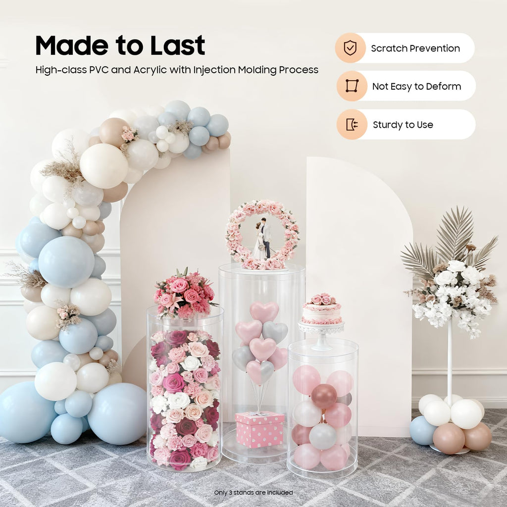3Pcs Cylinder Pedestal Stand, PVC Acrylic Round Cylinder Stands for Party Decor 23.6 + 29.5 + 35.4 Inch Tall Cylinder Stand Pedestal Display for Birthday Wedding Party, White