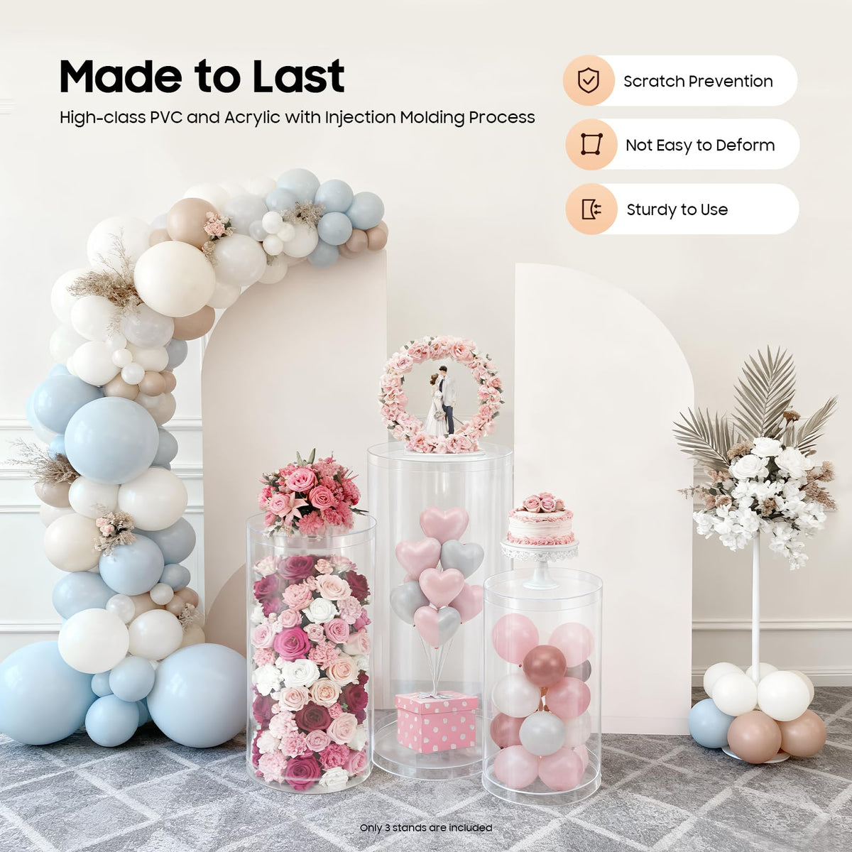 3Pcs Cylinder Pedestal Stand, PVC Acrylic Round Cylinder Stands for Party Decor 23.6 + 29.5 + 35.4 Inch Tall Cylinder Stand Pedestal Display for Birthday Wedding Party, White