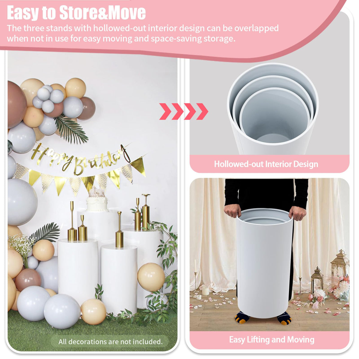 3Pcs Cylinder Pedestal Stand, PVC Acrylic Round Cylinder Stands for Party Decor 23.6 + 29.5 + 35.4 Inch Tall Cylinder Stand Pedestal Display for Birthday Wedding Party, White