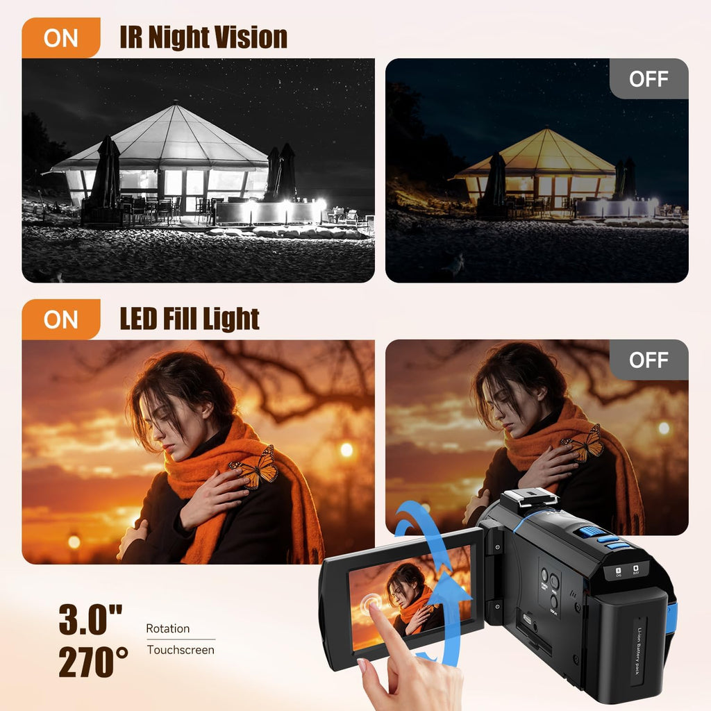 5K Video Camera Camcorder, 64MP UHD Vlogging Camera for YouTube with 16X Zoom, IR Night Vision, 3.0" Touch Screen, Stabilizer, Mic, 2 Batteries+32GB Card, Gift for Dad