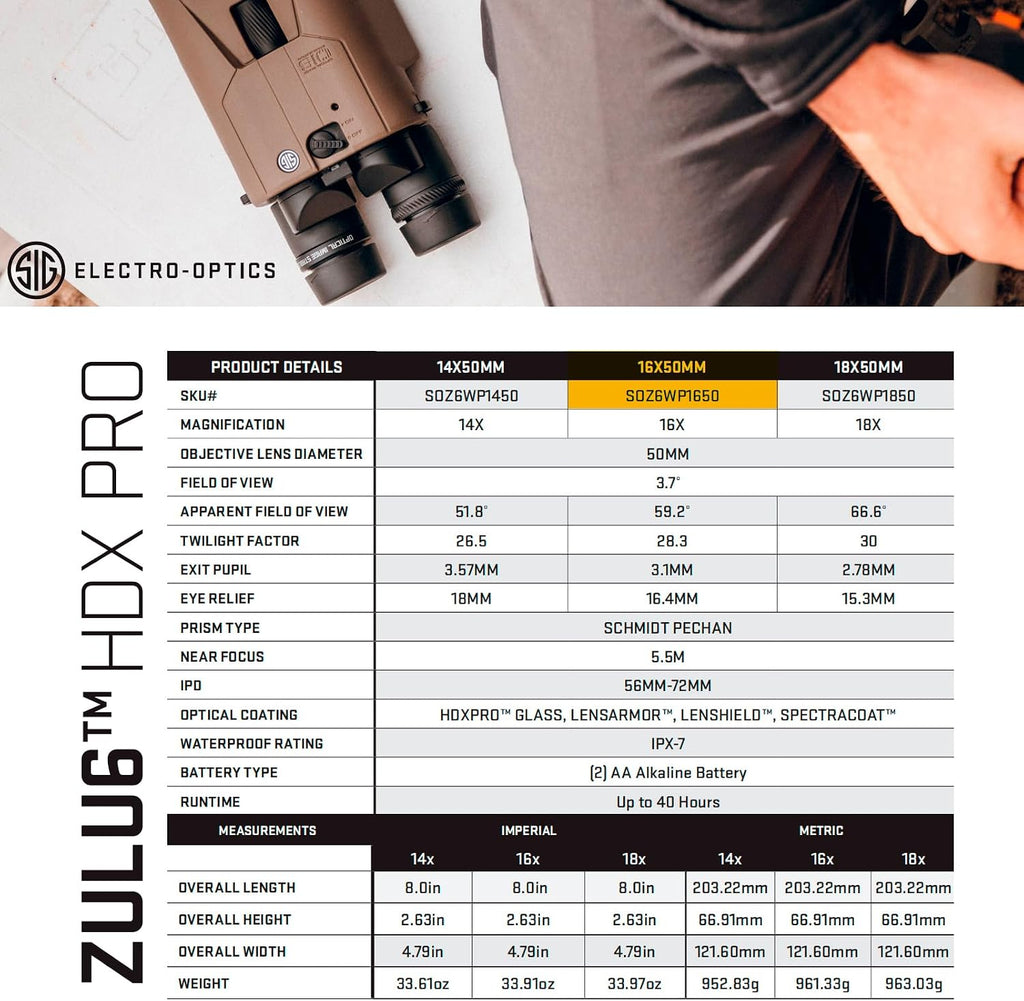 SIG SAUER ZULU6 HDX PRO 16x50mm FDE Image Stabilized Binoculars