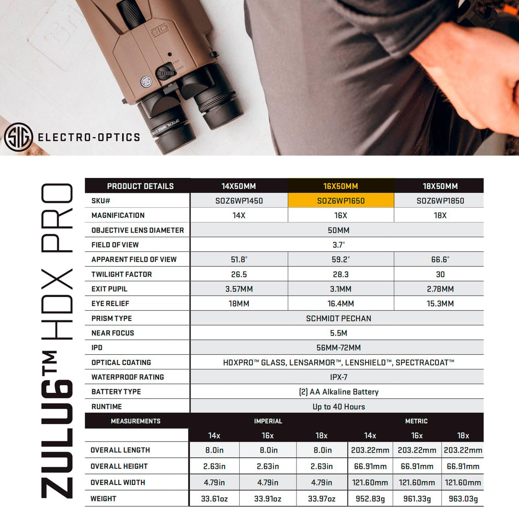 SIG SAUER ZULU6 HDX PRO 16x50mm FDE Image Stabilized Binoculars