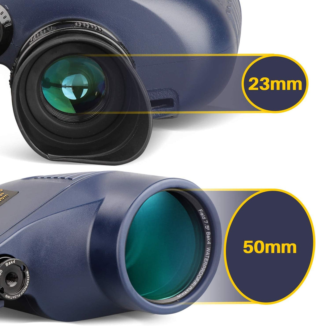 Marine Binoculars 10x50 Waterproof with Compass Rangefinder BAK4 for Adults