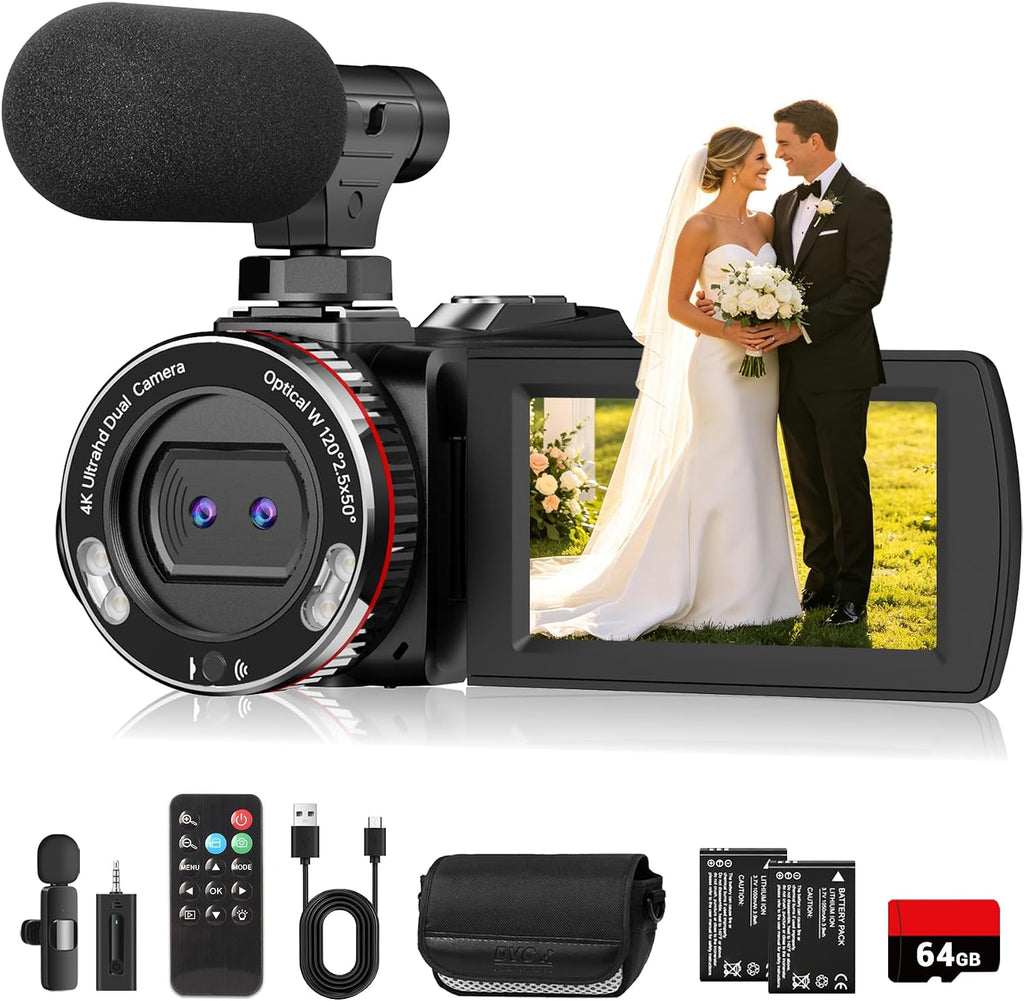 4K Wedding Camcorder, 64MP UHD Vlogging Camera with Wireless Lavalier Microphone, 120Â° Wide Angle 18X Digital Zoom, Remote, 64GB Card & 2 Batteries, for Family Wedding Memories