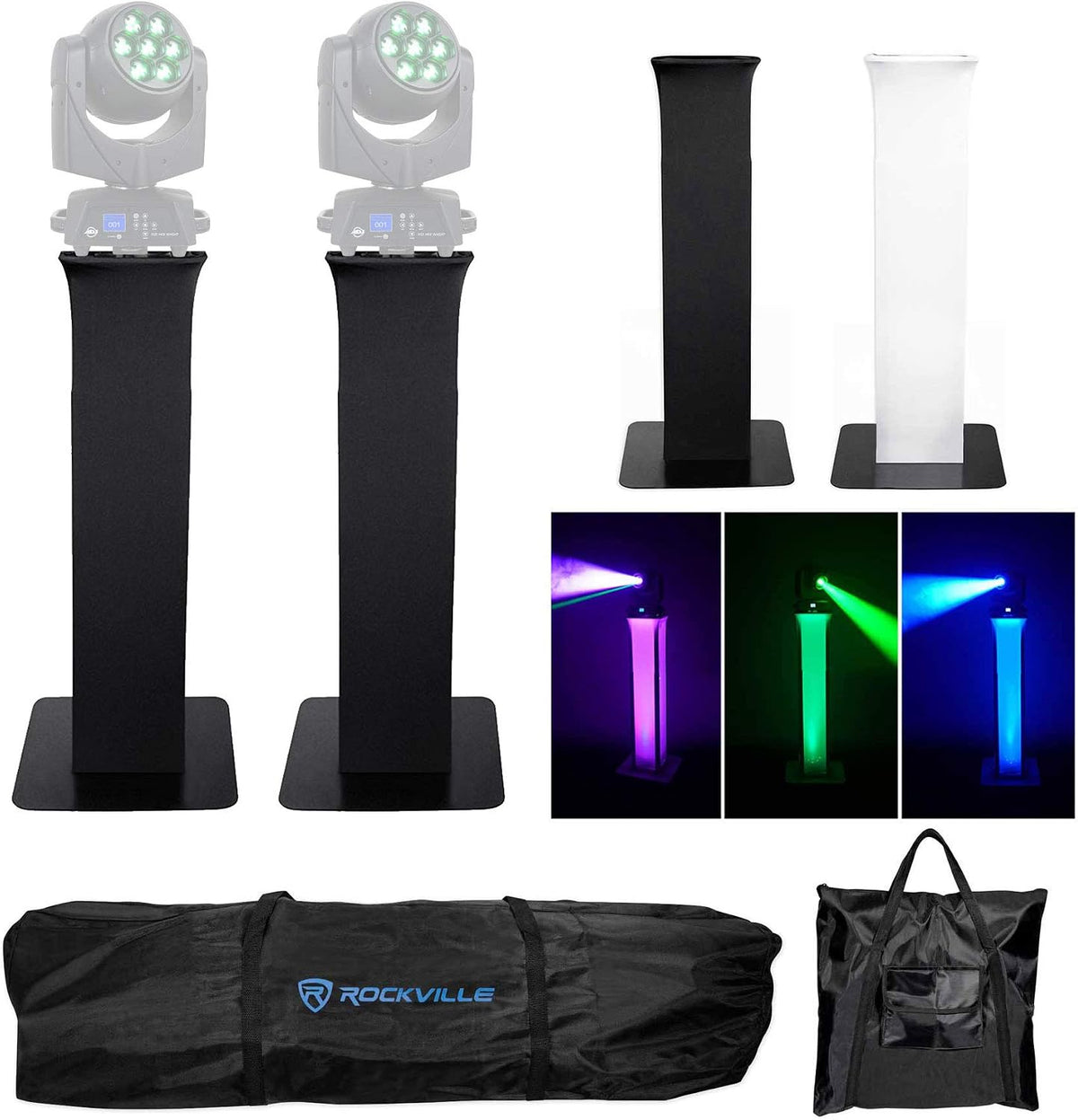 Rockville Bundle: (2) RTP32B Totem Stands+Black+White Scrims for (2) American DJ Vizi Hex Wash7 Lights (2 Items)