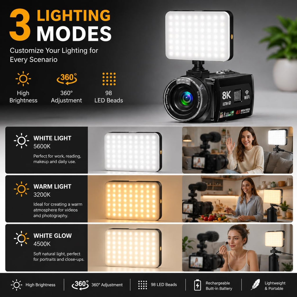 8K Video Camera, 48MP Vlogging Camcorder With IR Night Vision for Youtubers