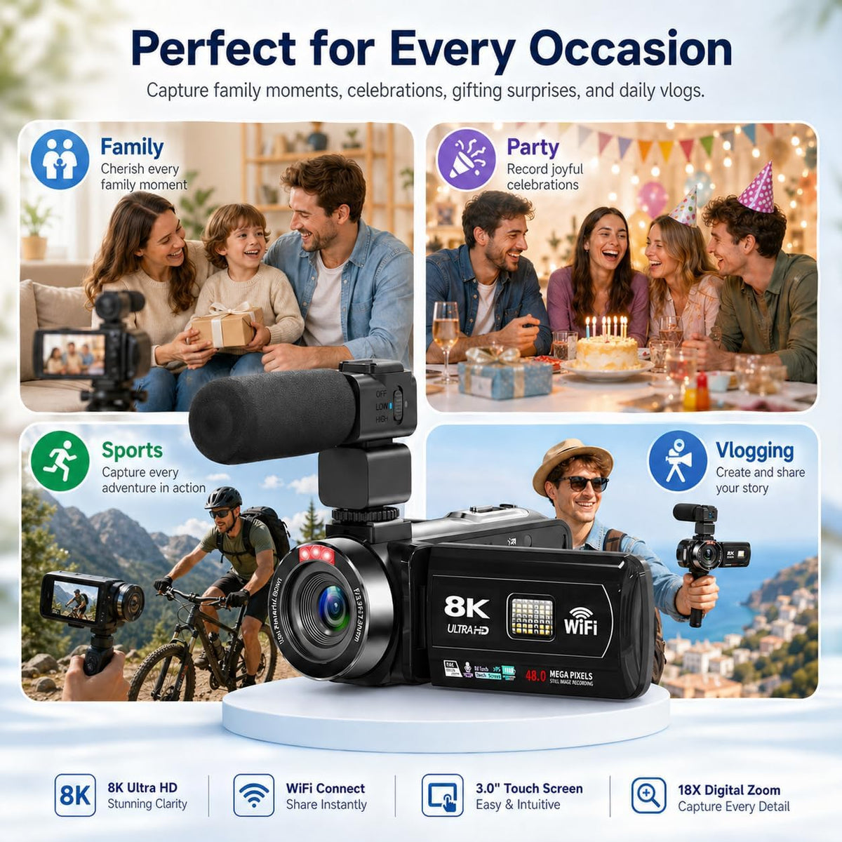 8K Video Camera, 48MP Vlogging Camcorder With IR Night Vision for Youtubers