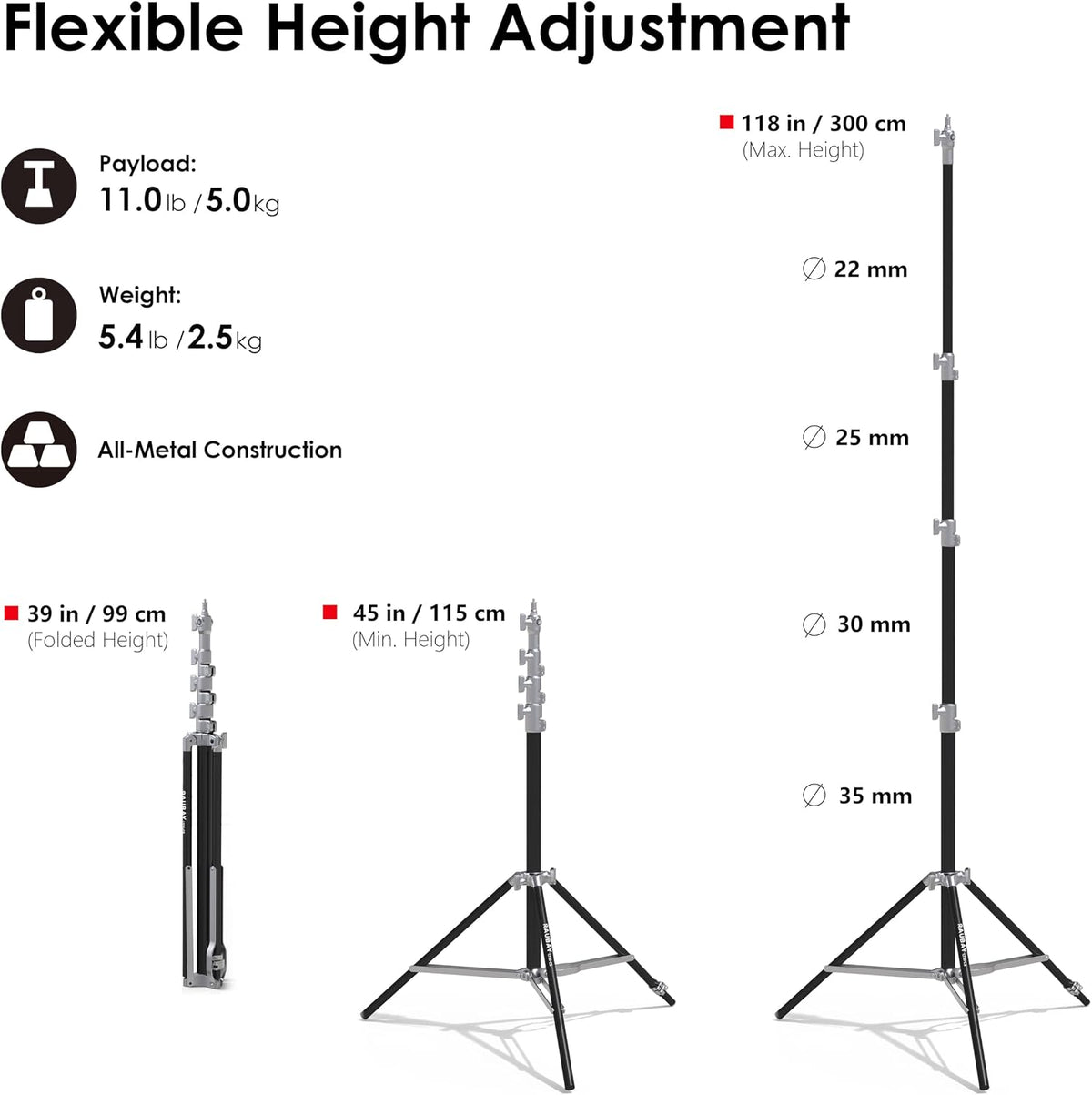 RAUBAY 10ft Corner Light Stand, Air Cushion, Silver, LT30-CS