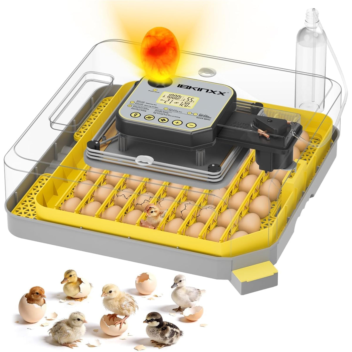 IBKINXX Incubator for Hatching Eggs-48 Egg Capacity, 2026 Newly Upraded Auto Egg Turner & Auto Precision Humidity Control System, 360Â° Clear Viewing for Chicken, Duck and Quail Eggs (Yellow)