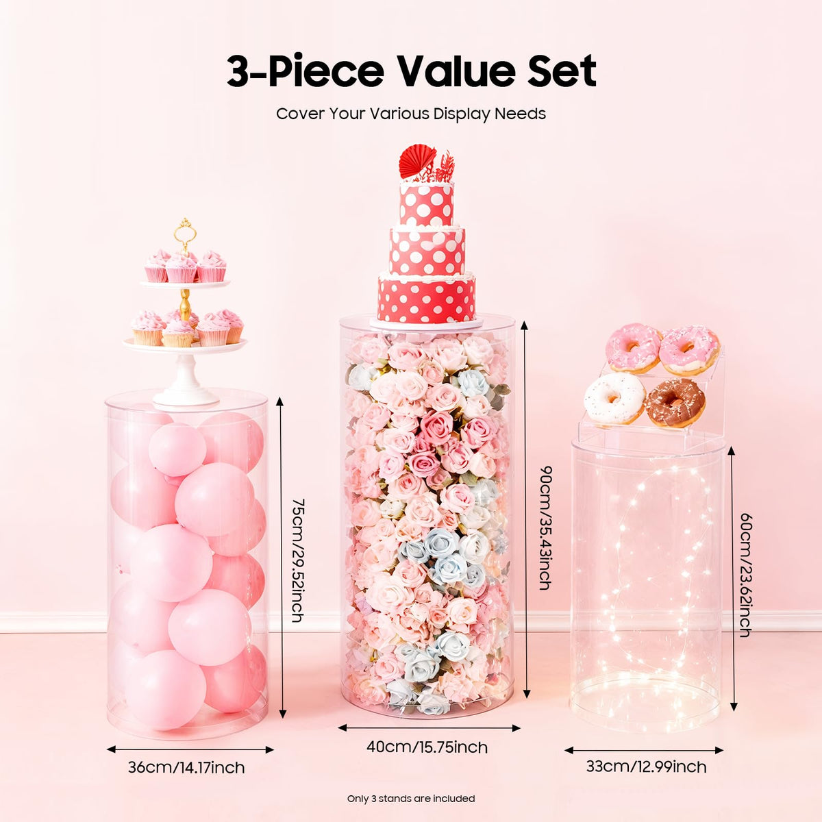 3Pcs Cylinder Pedestal Stand, PVC Acrylic Round Cylinder Stands for Party Decor 23.6 + 29.5 + 35.4 Inch Tall Cylinder Stand Pedestal Display for Birthday Wedding Party, White