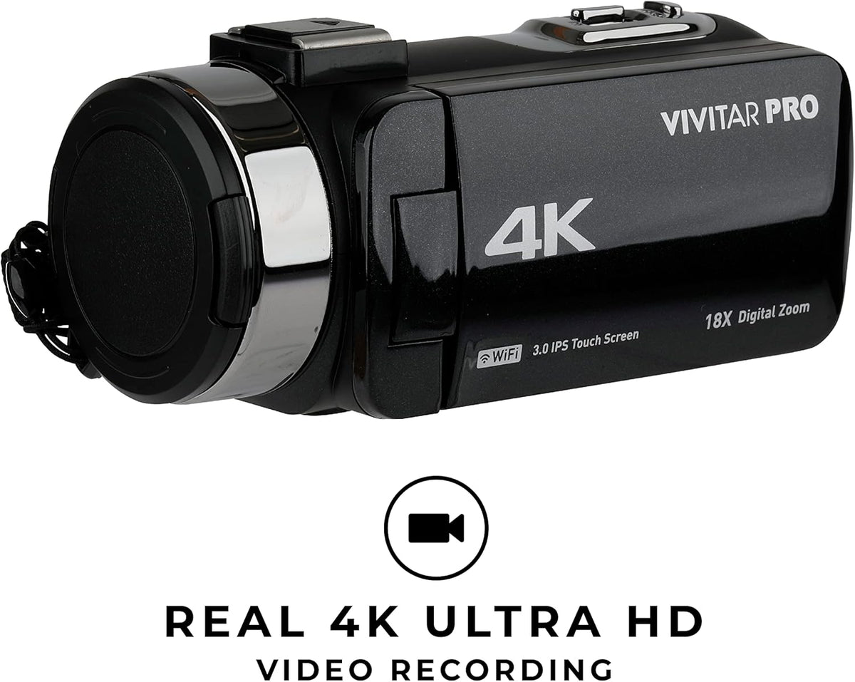 Vivitar 4K Video Camera, Wi-Fi Ultra HD Camcorder with 18x Digital Zoom, 3â IPS Touchscreen Video Recorder with Night Vision, Vlogging Camera with 3.5mm Microphone Jack, Rechargeable, SD Card Slot