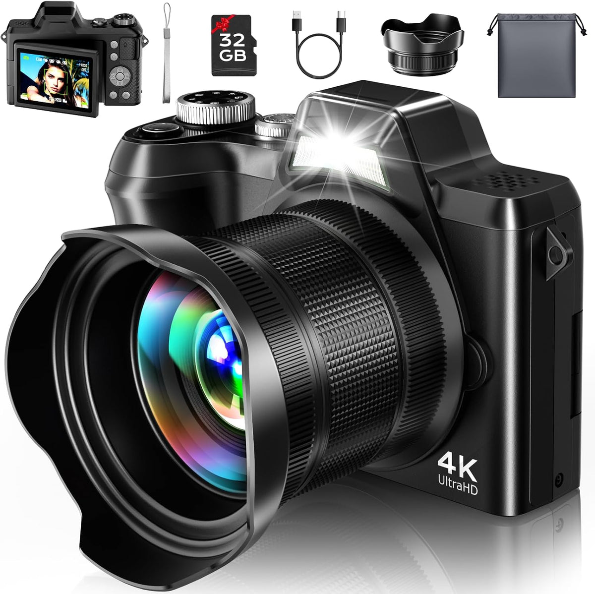 4K Digital Camera for Photography Travel, 56MP Autofocus Vlogging Camera for YouTube, 16X Zoom with 3" 180Â°Flip Screen & Lens Hood, 32GB Card, Gift Ideas for Teens & Beginners