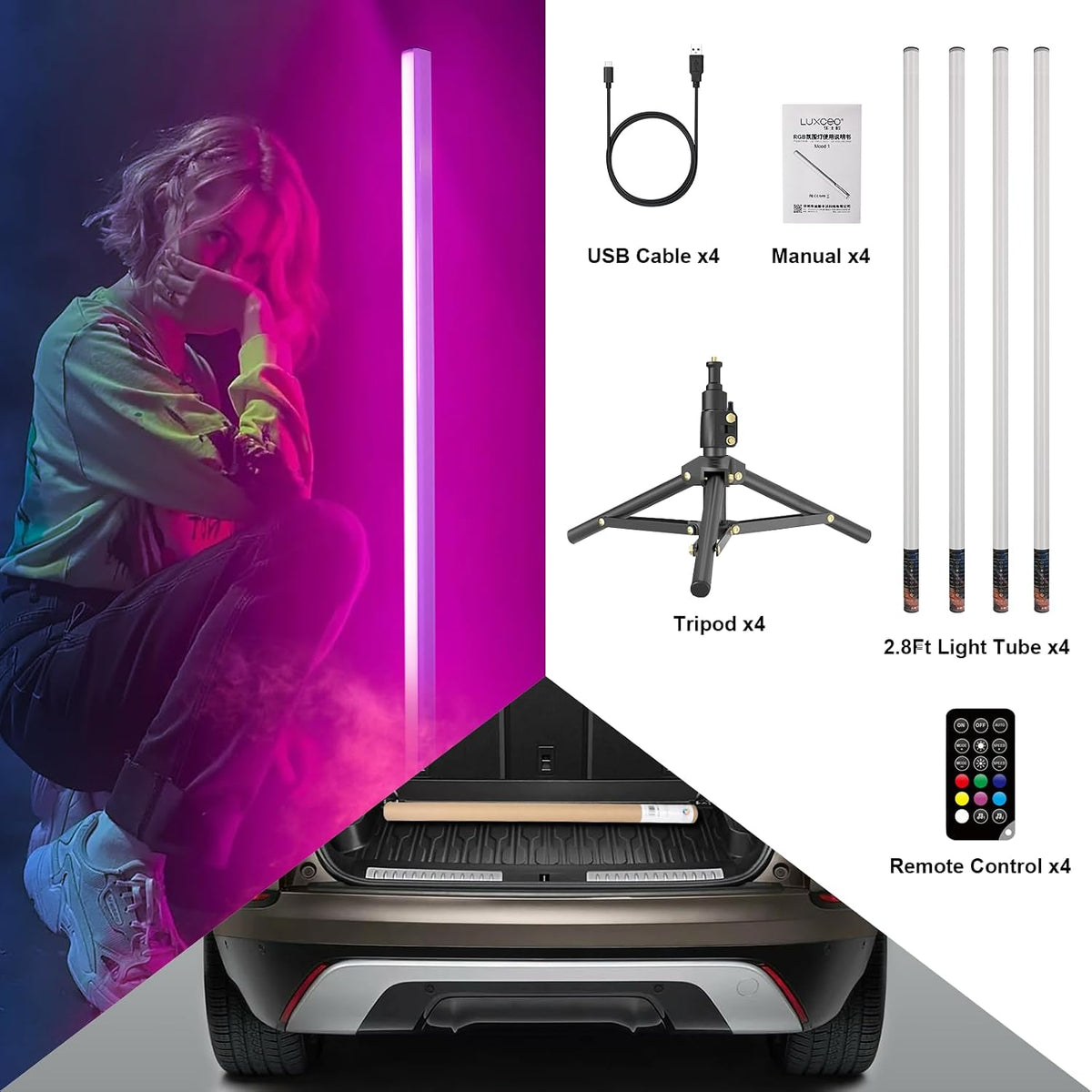 LUXCEO 4Pack RGB Tube Light Bar with Light Stand, Battery Powered LED Video Light Wand Stick with Remote Control for DJ Lighting, Dance Club and Photography Lighting (3Ft)