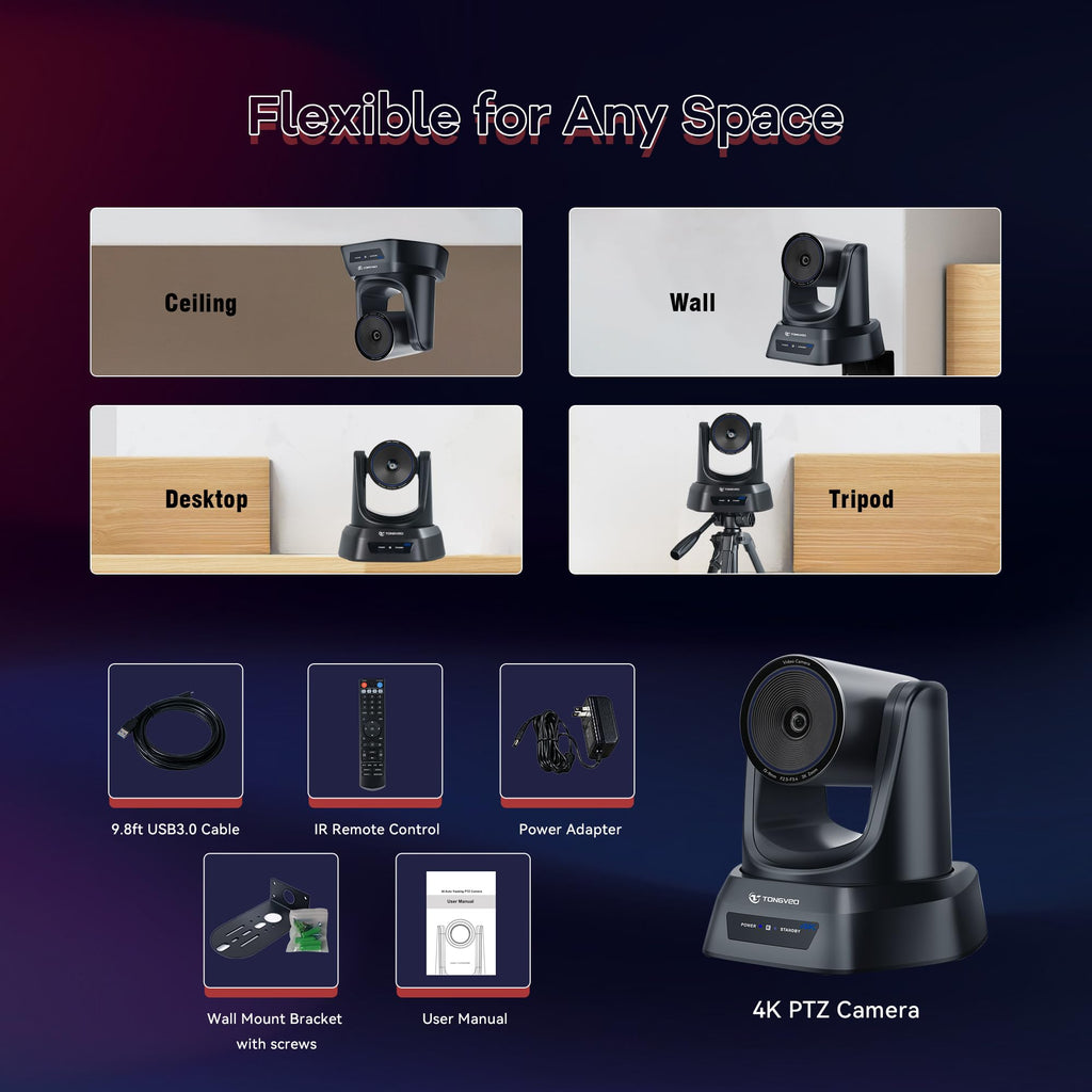 TONGVEO 3X Optical Zoom PTZ Camera AI Auto-Tracking HDMI USB 3.0 1080P 60fps Wide-Angle for Video Conference Business Meeting Live Streaming Online Learn with Zoom YouTube Teams OBS and More