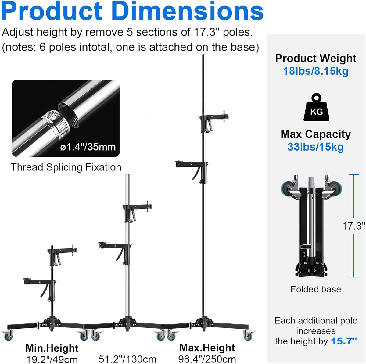Selens 98.4â/250cm Heavy Duty Light Stand, Max Load 33lbs/15kg