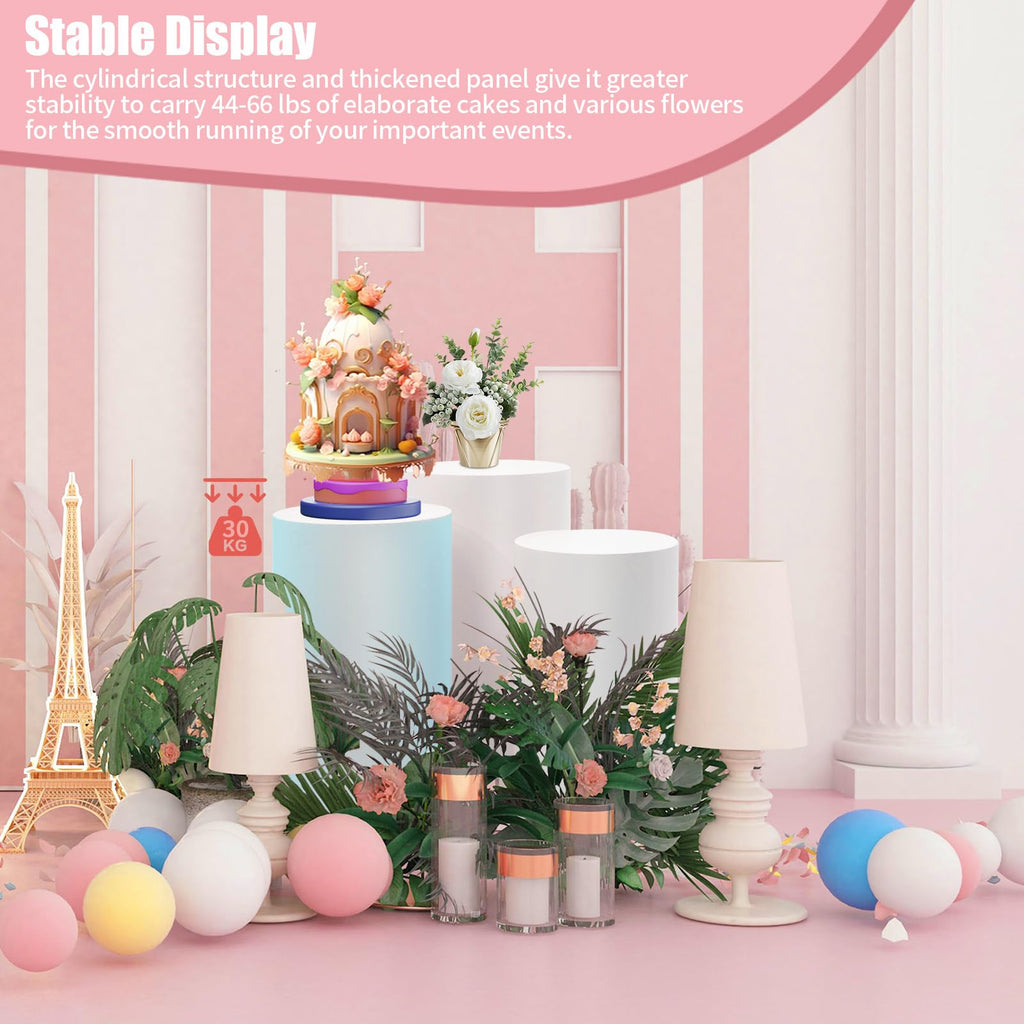 3Pcs Cylinder Pedestal Stand, PVC Acrylic Round Cylinder Stands for Party Decor 23.6 + 29.5 + 35.4 Inch Tall Cylinder Stand Pedestal Display for Birthday Wedding Party, White