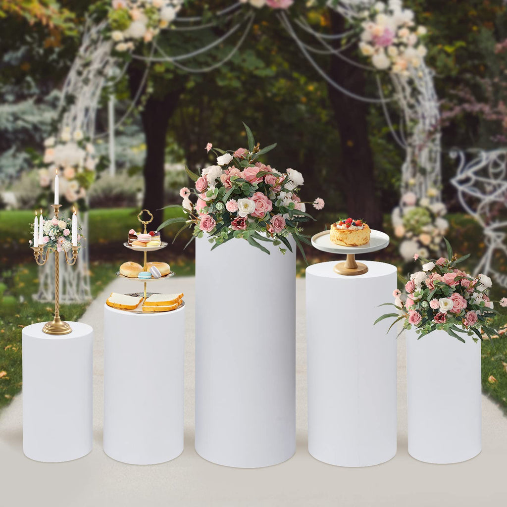 3Pcs Cylinder Pedestal Stand, PVC Acrylic Round Cylinder Stands for Party Decor 23.6 + 29.5 + 35.4 Inch Tall Cylinder Stand Pedestal Display for Birthday Wedding Party, White