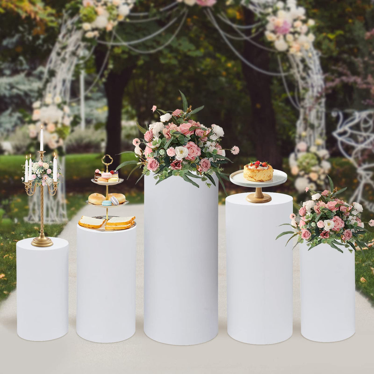 3Pcs Cylinder Pedestal Stand, PVC Acrylic Round Cylinder Stands for Party Decor 23.6 + 29.5 + 35.4 Inch Tall Cylinder Stand Pedestal Display for Birthday Wedding Party, White