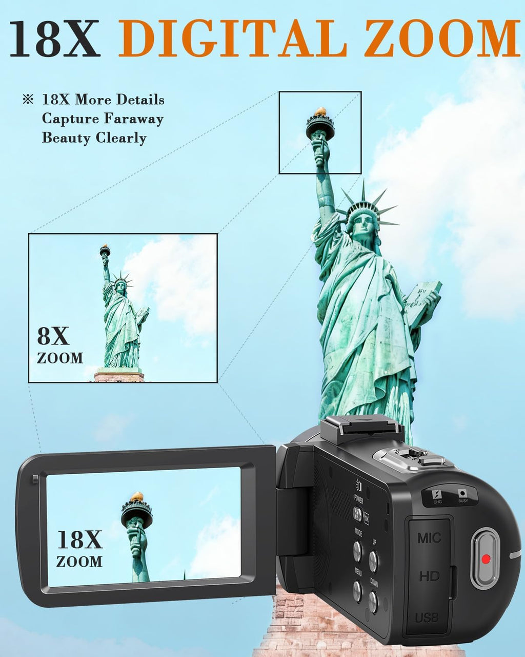 8K 64MP Video Camera 18X Digital Zoom Camcorder Video Camera 3.0 inch Flip Screen for YouTube Vlogging Camera with SD Card, 2.4G Remote Control, Two Batteries