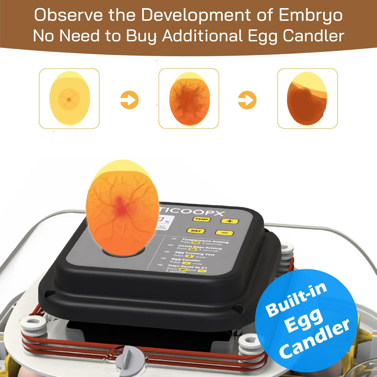 MATICOOPX 30 Egg Incubator with Humidity Display, Egg Candler, Automatic Egg Turner, for Hatching Chickens