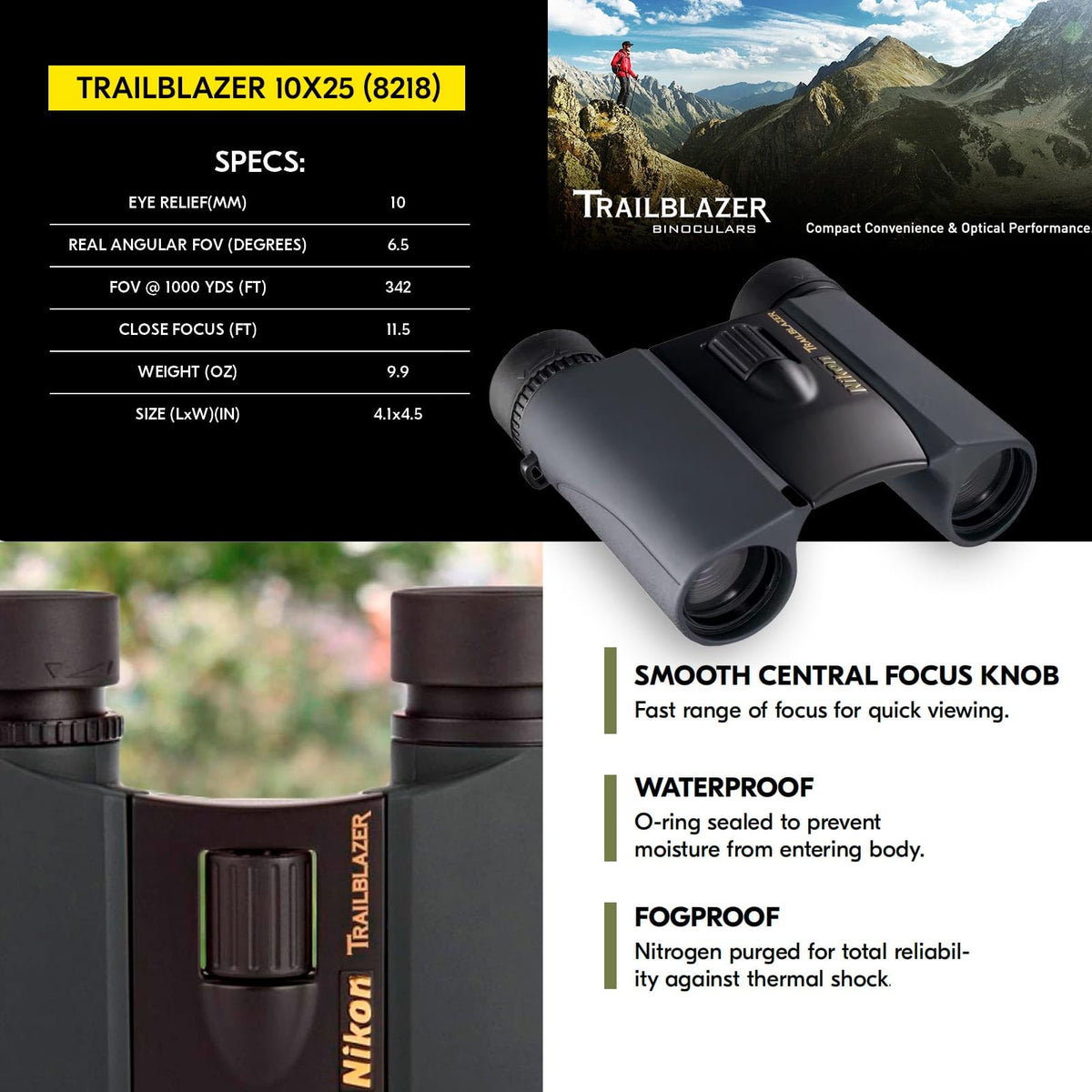 Nikon Trailblazer 8x25mm ATB Binoculars - Compact, Waterproof & Fogproof, Bright Multilayer-Coated Optics, Roof Prism - All-Terrain Outdoor Wildlife Viewing & Birdwatching Binoculars (8217)