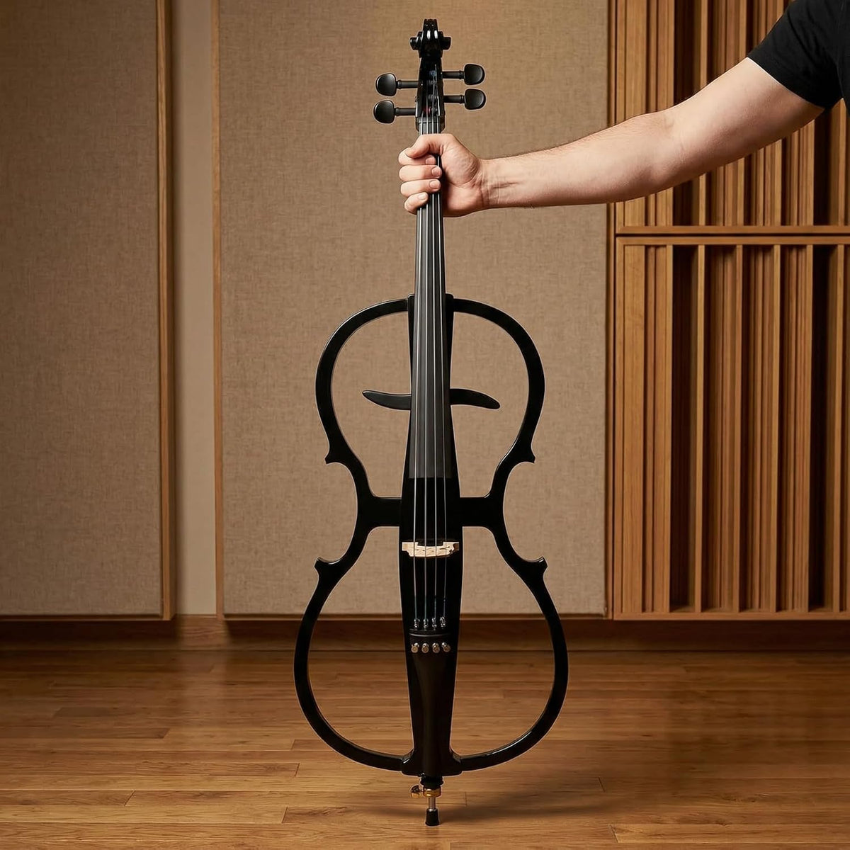 Electric Cello 4/4 Full Size Ebony Fittings with Lightweight Cello Bag, Headphones, Bow, Bridge, Rosin, Cello for Beginners Adults(Metallic Black)