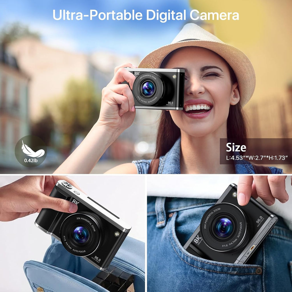8K Digital Camera for Photography with WiFi 96MP Autofocus Vlogging Camera for YouTube Video 3.5'' 180Â°Flip Screen 20X Zoom Anti-Shake Compact Point and Shoot Cameras for Beginner Creator with SD Card