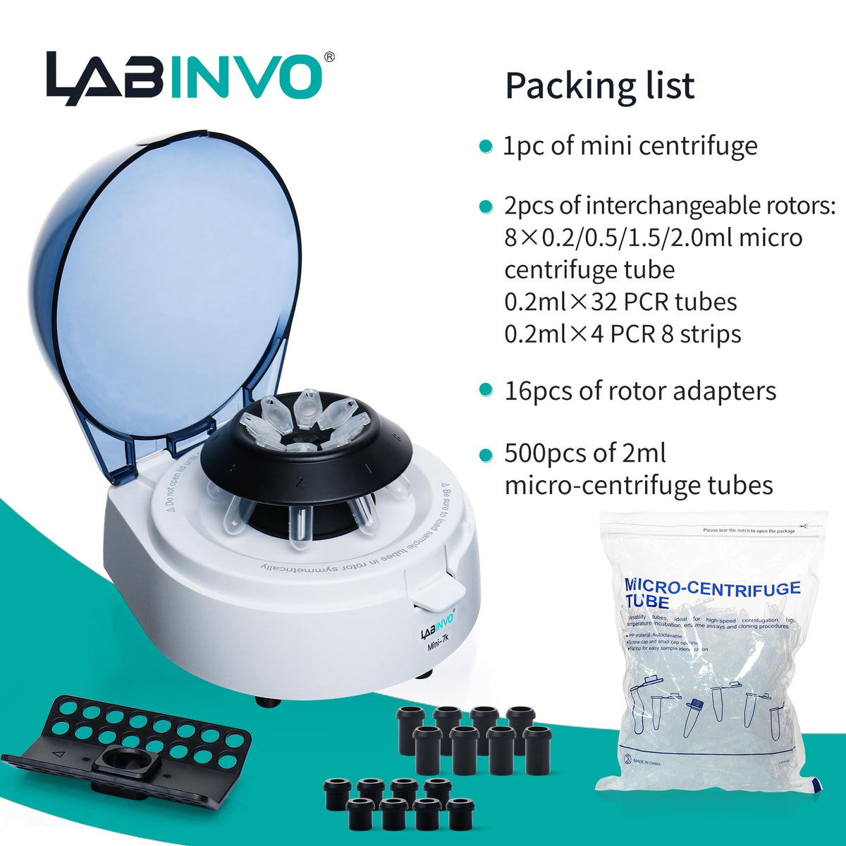 Mini Centrifuge Machine, 10000RPM, OLED Display High Speed Lab Benchtop Centrifuges, 3-in1 Rotor for 0.5/1.5/2mL Tubes, and 4ÃPCR8 Strips, 0.2mLÃ44 PCR Tubes, IN-CEN001