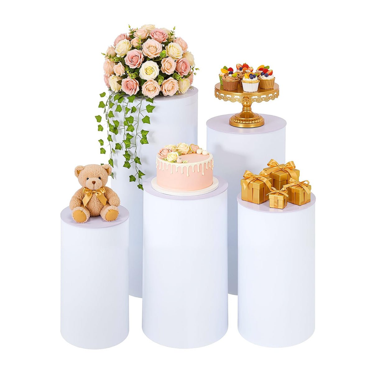 3Pcs Cylinder Pedestal Stand, PVC Acrylic Round Cylinder Stands for Party Decor 23.6 + 29.5 + 35.4 Inch Tall Cylinder Stand Pedestal Display for Birthday Wedding Party, White