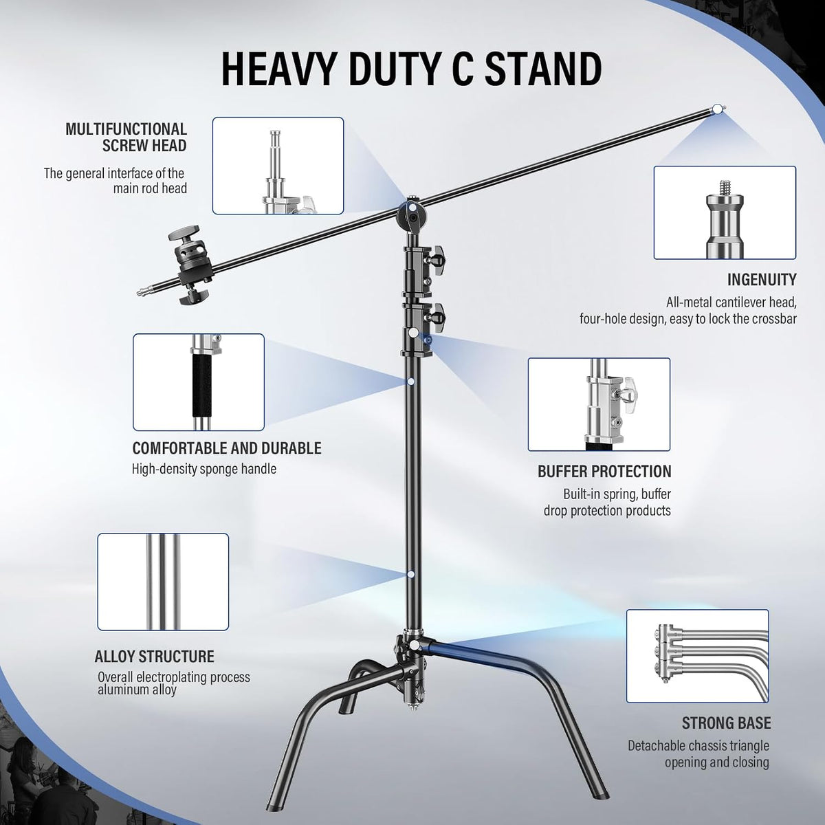 2 Pack Stainless Steel Photography Light Stand 6.9ft/210cm with Holding Arm Sandbag Grip Head Heavy Duty C Stand Sturdy for Photography Studio Video Monolight Softbox Shooting?Black?
