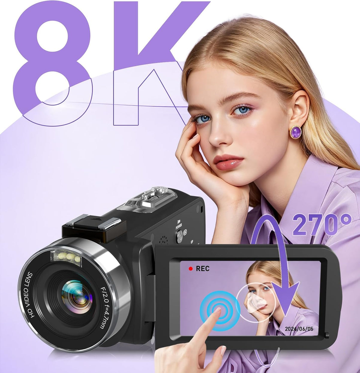 8K Video Camera Camcorder, 80MP AutoFocus WiFi Vlogging Camera for YouTube