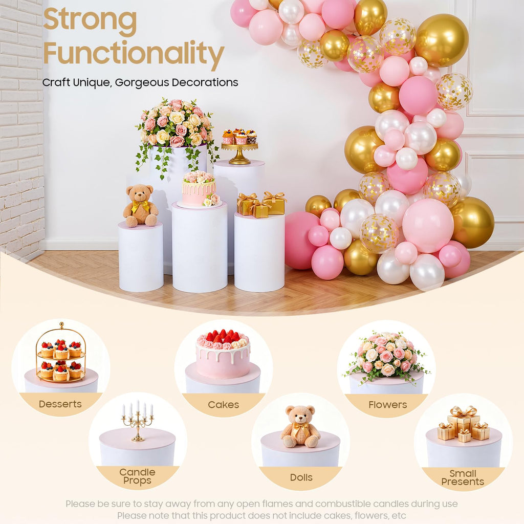 3Pcs Cylinder Pedestal Stand, PVC Acrylic Round Cylinder Stands for Party Decor 23.6 + 29.5 + 35.4 Inch Tall Cylinder Stand Pedestal Display for Birthday Wedding Party, White