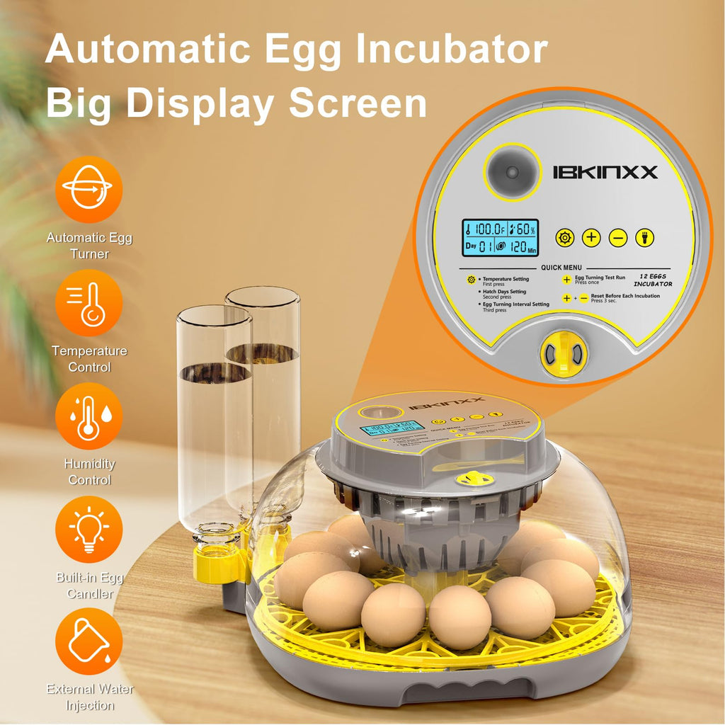 IBKINXX Incubator for Hatching Eggs-48 Egg Capacity, 2026 Newly Upraded Auto Egg Turner & Auto Precision Humidity Control System, 360Â° Clear Viewing for Chicken, Duck and Quail Eggs (Yellow)