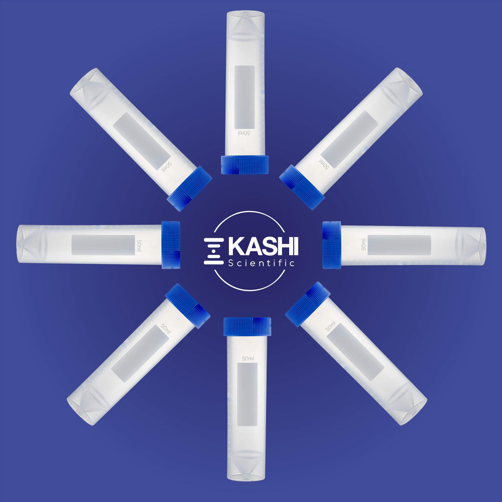 Kashi Scientific 50mL Self Standing Centrifuge Tubes with Screw Cap Lid, Lab Grade Polypropylene Plastic, Skirted, Printed Graduation, Write-on Spot [50mL Self-Standing, 500]